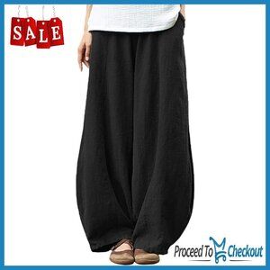 Women's Casual Cotton Linen Baggy Pants Elastic Waist Relax Fit
